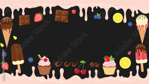 Stylish frame border with pink dripping icing features ice creams, cupcakes, chocolates, and fruits on a dark black background.