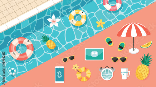 Refreshing top view of a swimming pool with floating rings and a poolside area featuring sunglasses, flip-flops, fruit, and beach gear.