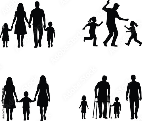 Black silhouette collection of diverse family scenes including parents with children playing together an elderly person with a walker and a young couple walking