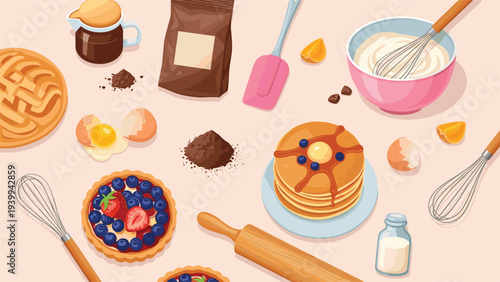 Inviting baking scene displays berry tarts, stacked pancakes with syrup, fresh ingredients, and kitchen tools on a warm beige background.