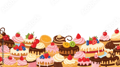 Vibrant bottom border frame is densely packed with a wide variety of colorful cupcakes and decorated cake slices on a white background.