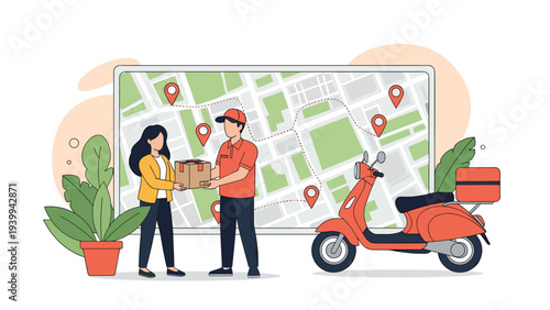 Friendly delivery man in a uniform is handing over a package to a woman with a city map and a red scooter in the background.