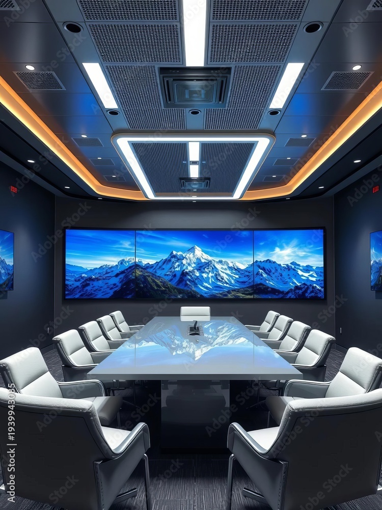Naklejka premium High-tech meeting room with large screen and comfortable seating, technology, business