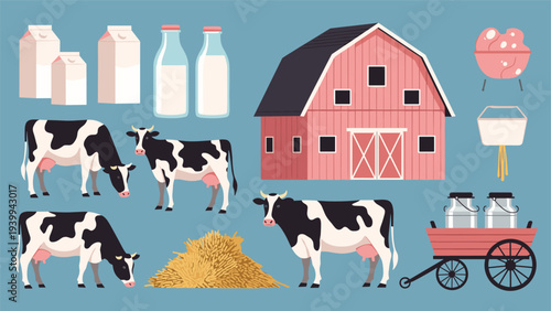Comprehensive set of dairy farm elements featuring black and white cows, a red barn, hay, and various fresh milk products.