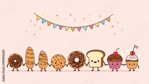 Adorable line of kawaii-style bakery characters including donuts, bread, and cupcakes are holding hands under a festive party bunting.