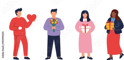 People holding heart flowers and gift boxes flat vector illustration set, love celebration and romantic present concept