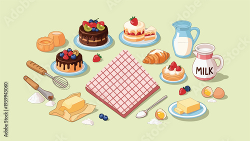 Various baking ingredients like flour eggs and milk are scattered around delicious fresh cakes and kitchen tools on a table.