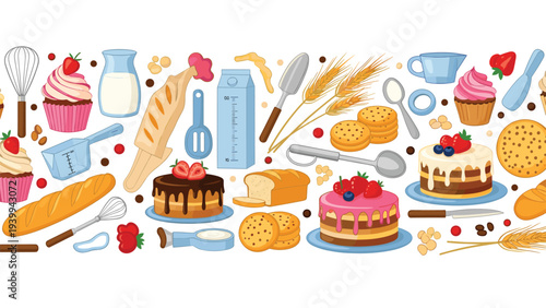 Decorative border design featuring a wide variety of baked goods kitchen utensils and delicious cakes on a white background.