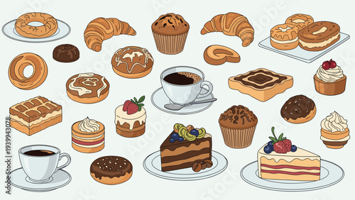 Selection of diverse bakery treats and hot beverages including muffins croissants and cakes for a perfect breakfast or cafe menu.