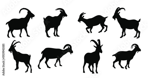 mountain goat set silhouettes isolated flat illustration