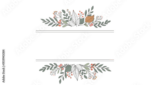 Elegant floral frame featuring delicate hand drawn leaves and berries arranged in a symmetrical design for invitations or cards.