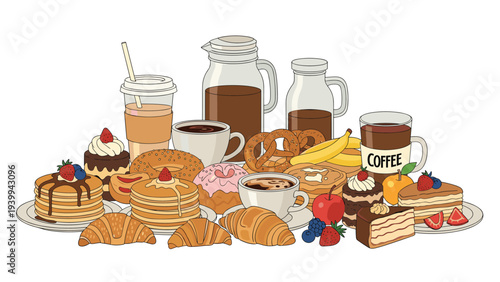Large spread of breakfast food including pancakes coffee croissants and pastries arranged together for a delicious morning meal.
