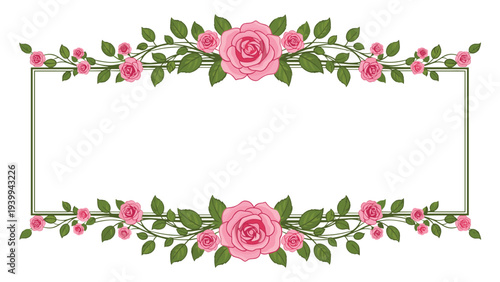 Romantic rectangular frame composed of pink rose flowers and green leaves on a white background for weddings or special events.