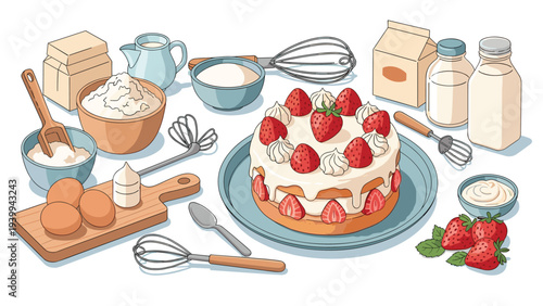 High angle view of a delicious strawberry cake surrounded by fresh ingredients like eggs flour and milk in a home kitchen.