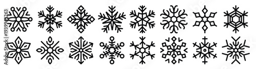 pack of freezing snowflakes line icons