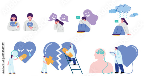 精神疾患を抱える人々と治療する精神科医のイラスト