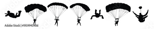 parachute sky diving silhouette set