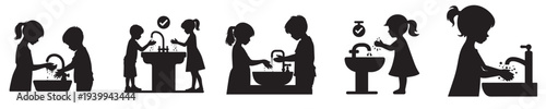 little boy washing his hands in silhouette style