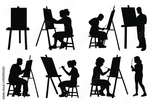 people draw on an easel artists silhouettes set isolated