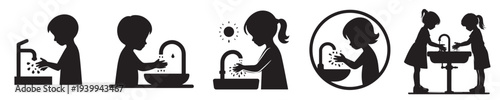 little boy washing his hands in silhouette style