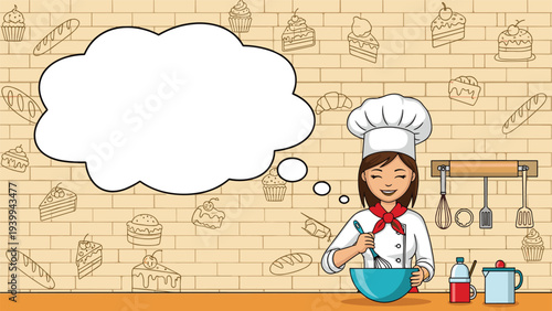 Cheerful female chef mixing ingredients in a bowl with a large thought bubble over a background of hand drawn bakery items.