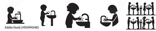 little boy washing his hands in silhouette style