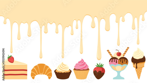 Delicious row of assorted sweets like cupcakes ice cream and cake under a thick layer of dripping creamy yellow frosting.