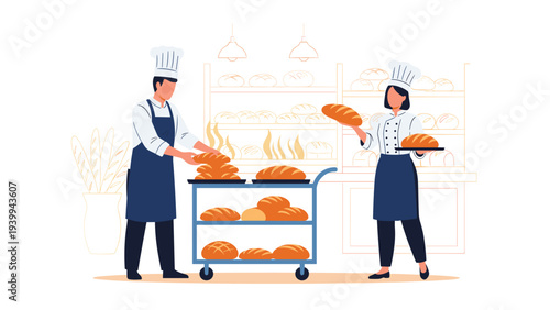 Illustration of a man and a woman in bakery uniforms preparing trays of fresh bread in a well stocked professional shop.