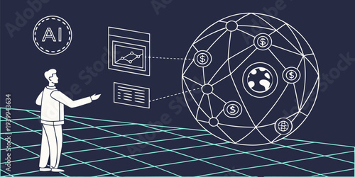 Futuristic artificial intelligence network visualization with glowing sphere and flowing digital data connections.