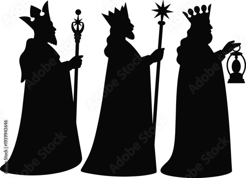 Silhouettes of Three Wise Men, Magi figures, nativity artwork, Christian tradition, Epiphany illustration, cultural symbol, religious design, crown posture