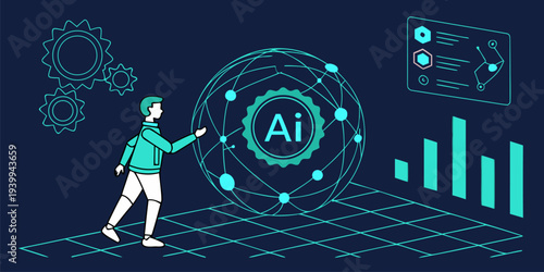 Futuristic AI concept featuring glowing digital sphere and data flow within advanced cyber technology network.