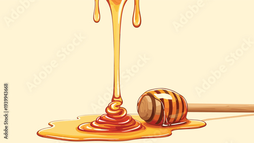 Golden honey dripping from above onto a wooden dipper and forming a thick puddle on a warm light beige background.