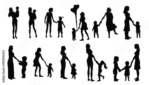 set of silhouettes of mothers with their children on a white
