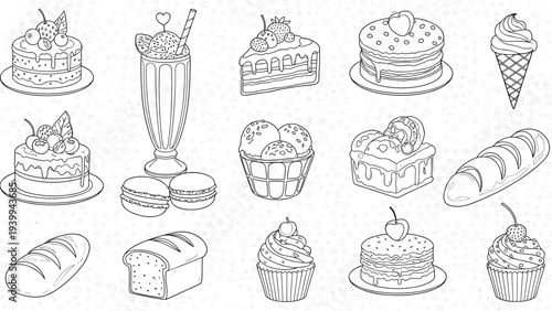 Black and white line art illustrations of various desserts, bread, and milkshakes arranged in a grid on a subtle heart pattern.