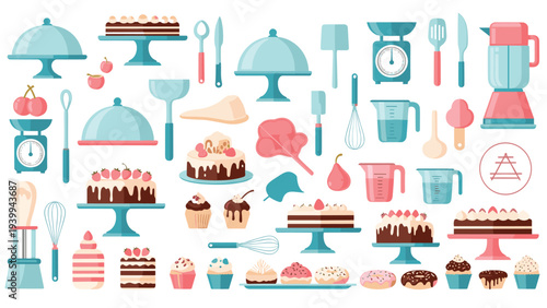 Comprehensive collection of flat style icons featuring baking tools, kitchen appliances, cakes, cupcakes, and assorted fruits.
