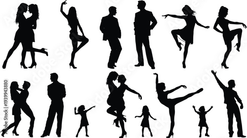 Black silhouette collection of diverse people set including dancing couples men women and children in various active poses isolated on white background for design