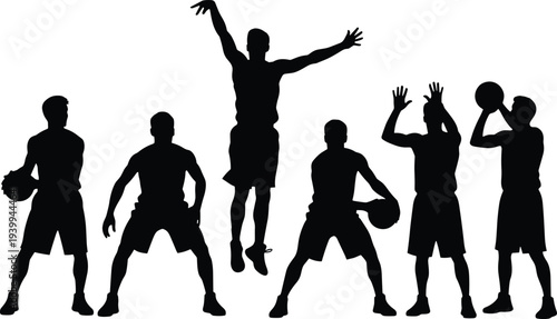 Black Silhouette Collection of Male Basketball Players Featuring Dribbling, Shooting, Jumping, and Defensive Poses for Sports Marketing, Team Spirit, Tournament Posters, and Athletic Graphics