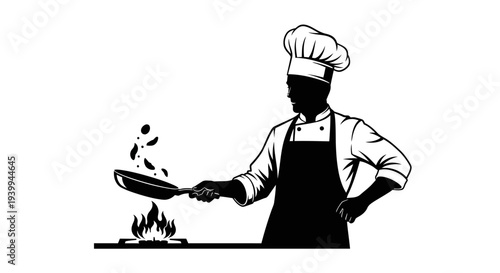 Chef expertly cooking with a frying pan on a stove