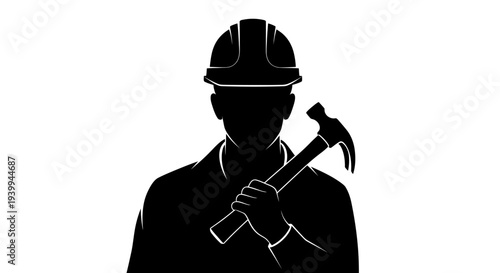 Silhouette of construction worker holding hammer in hard hat
