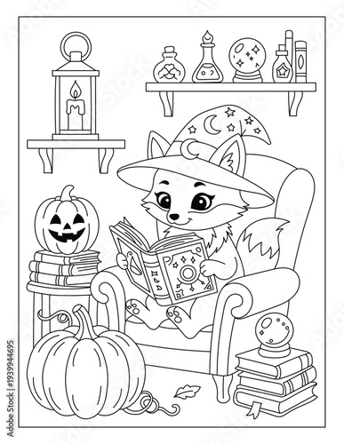 Adorable Witch Fox Reading Magic Spellbook in Cozy Chair Coloring Page