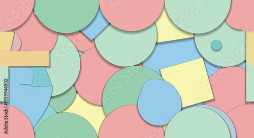 A colorful abstract composition of various shapes and pastel hues