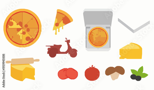 Modern pizza icon pack with slices whole pizza delivery and ingredients vector set isolated on white background