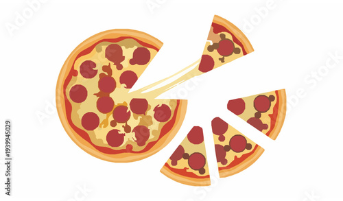 Whole pepperoni pizza with slice removed and melted cheese slices top view fast food vector illustration isolated on white