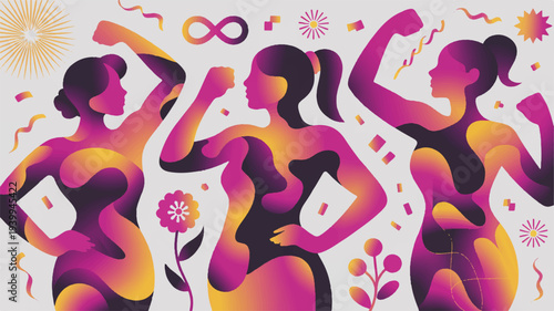 Three empowered women celebrating freedom and equality with vibrant purple pink and yellow hues surrounded by flowers and confetti on a white background