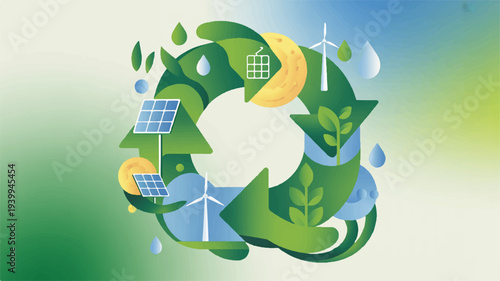 Eco friendly renewable energy sources in a circular green design with solar panels and wind turbines on a gradient background
