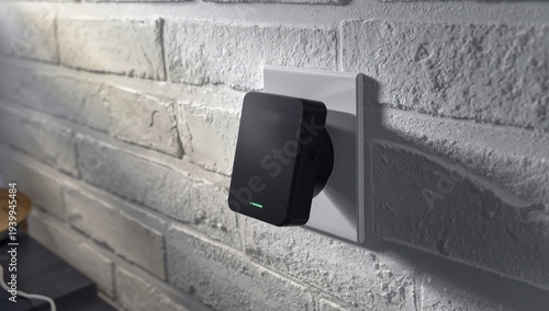 Dark WiFi extender in power outlet on light brick wall
