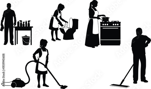 Black silhouette collection of professional cleaners and housekeepers performing domestic chores like vacuuming mopping cooking and bathroom cleaning isolated on a