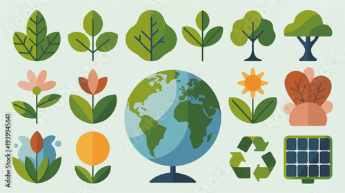 Eco friendly symbols and plants around the earth globe on light green background with recycling sign