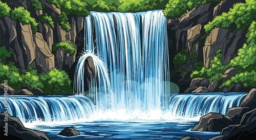A serene waterfall cascading down a rocky cliff surrounded by lush greenery