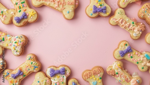 Dog treats in bone shape with a purple ribbon on a pink backdrop. Area for text